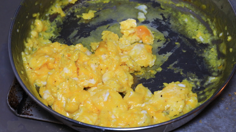 A pan of scrambled eggs