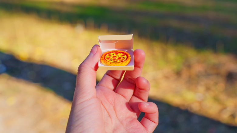 Tiny pizza held in hand with blurred background