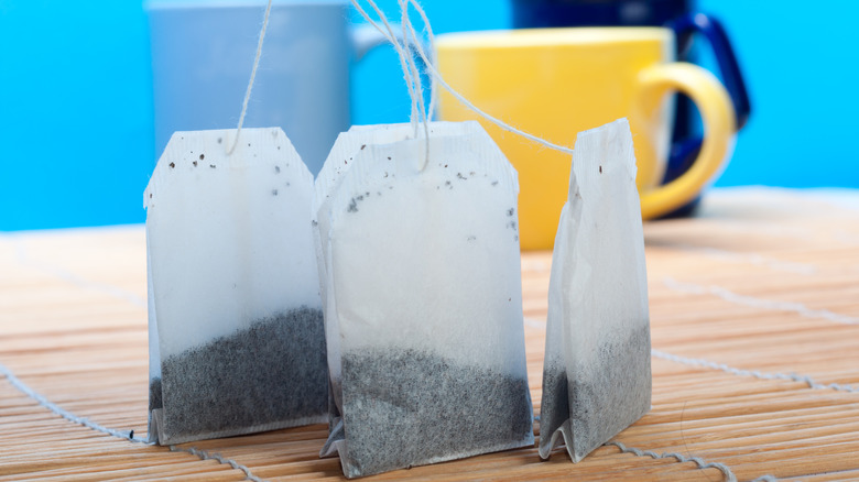 3 teabags and cups on counter