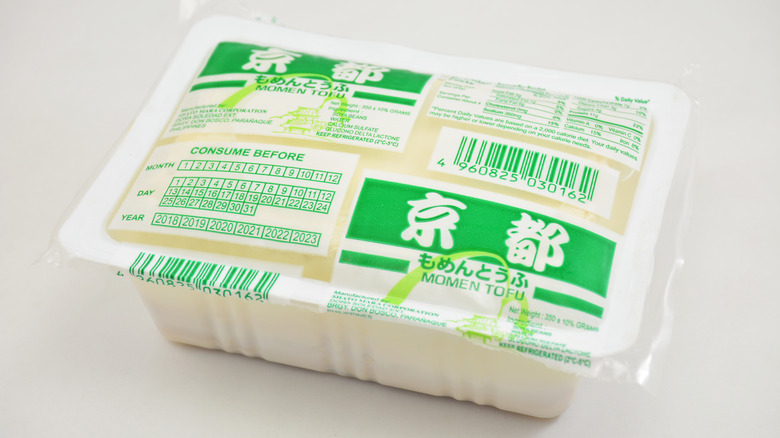 Package of tofu with green label