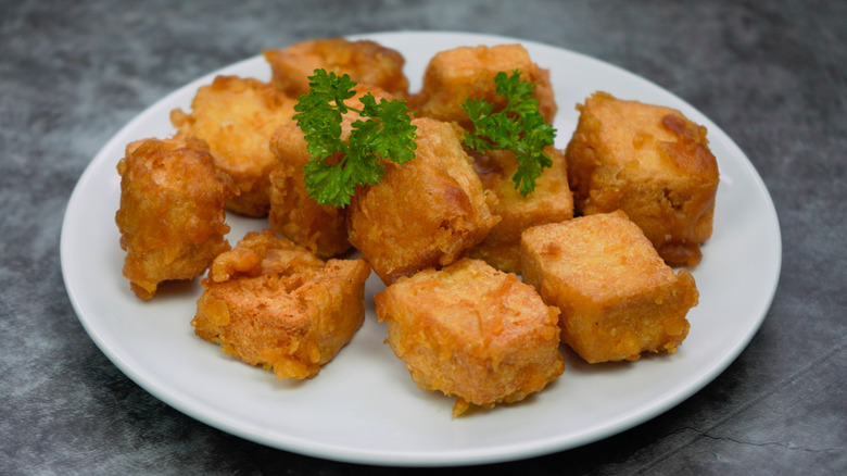 Cubes of fried tofu
