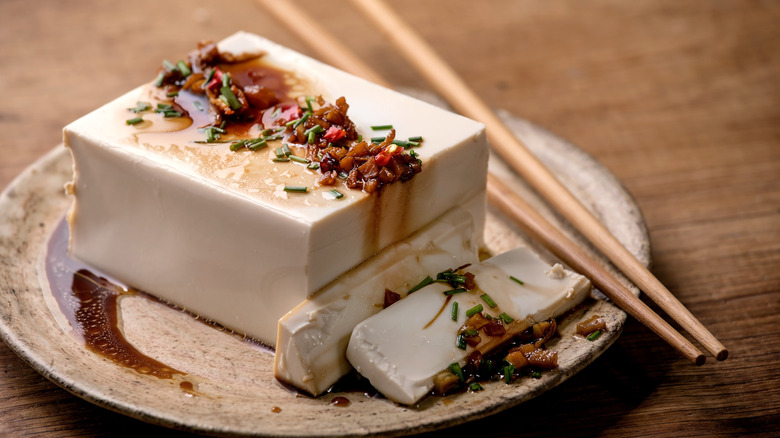 Silken tofu topped with flavorings