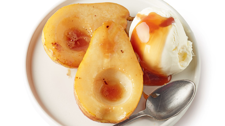 caramelized broiled pears with ice cream