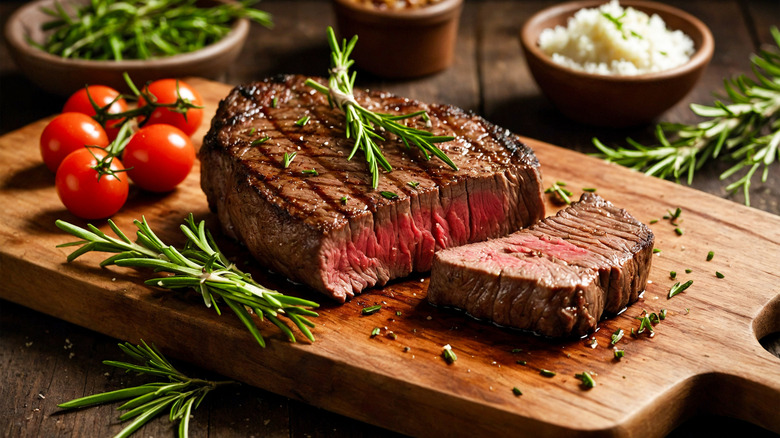 Cooked steak on a wooden board with tomatoes and herbs