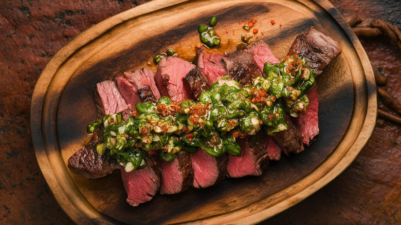 Sliced rare steak with chimichurri sauce