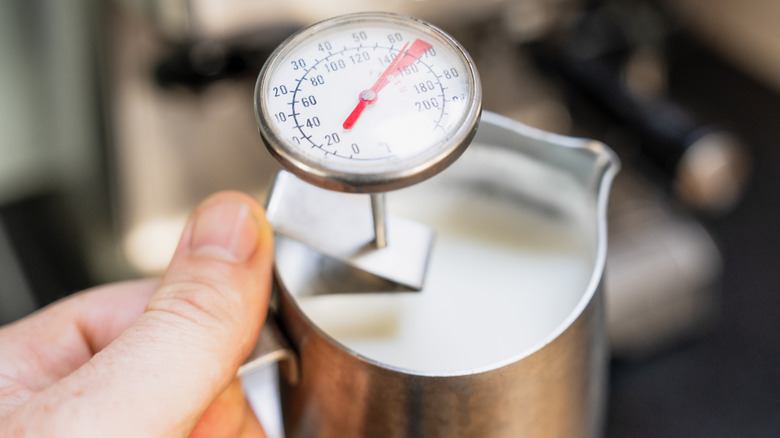 thermometer measuring temperature of milk