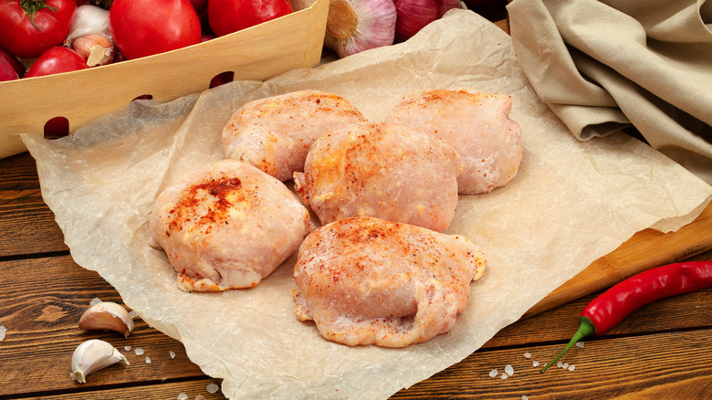 Frozen chicken thighs on butcher paper