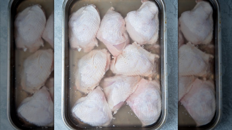 Brining chicken thighs in a pan