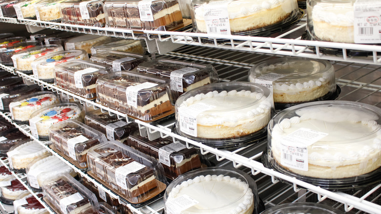 a variety of costco cakes on the shelves of costco