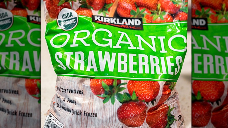 closeup of Kirkland signature frozen strawberries label