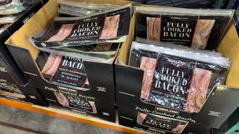 box of fully-cooked kirkland signature bacon at costco