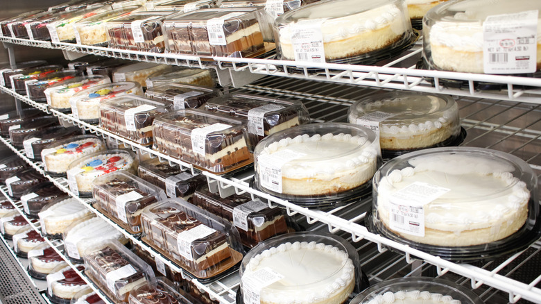 a variety of costco cakes on the shelves of costco