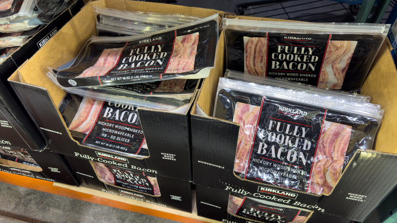 box of fully-cooked kirkland signature bacon at costco