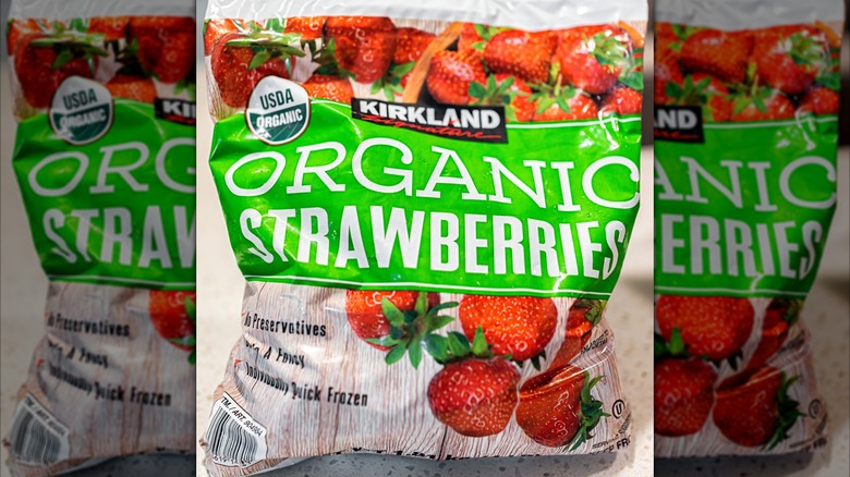 closeup of Kirkland signature frozen strawberries label