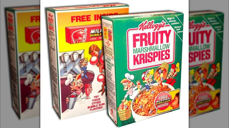 red and green boxes of Fruity and Regular Marshmallow Krispies