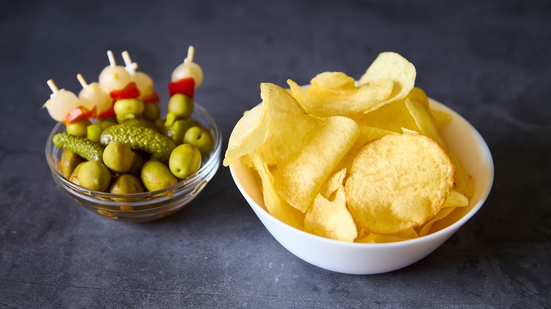 Pickles, olives, and potato chips