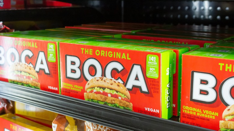 Boxes of Boca burgers on a shelf.