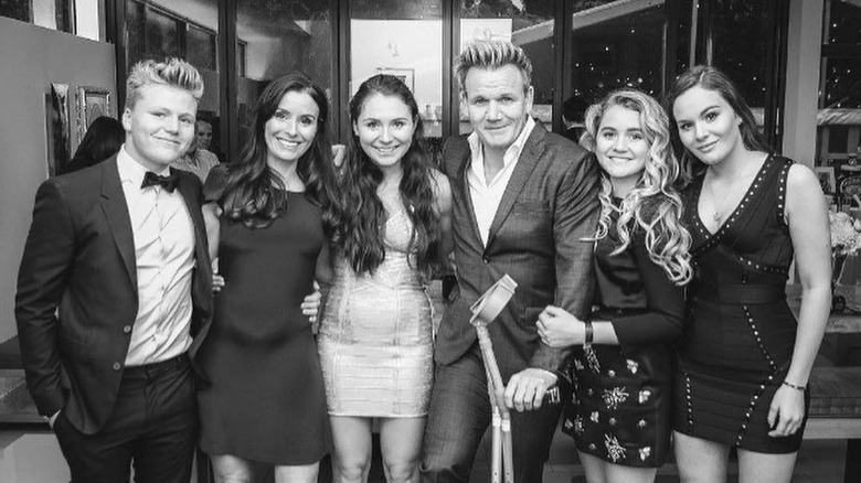 A black and white picture of Gordon and Tana Ramsay and their children