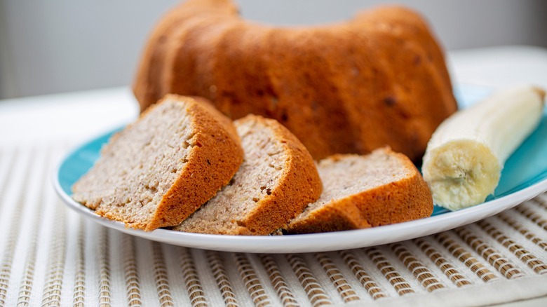 banana cake on platter