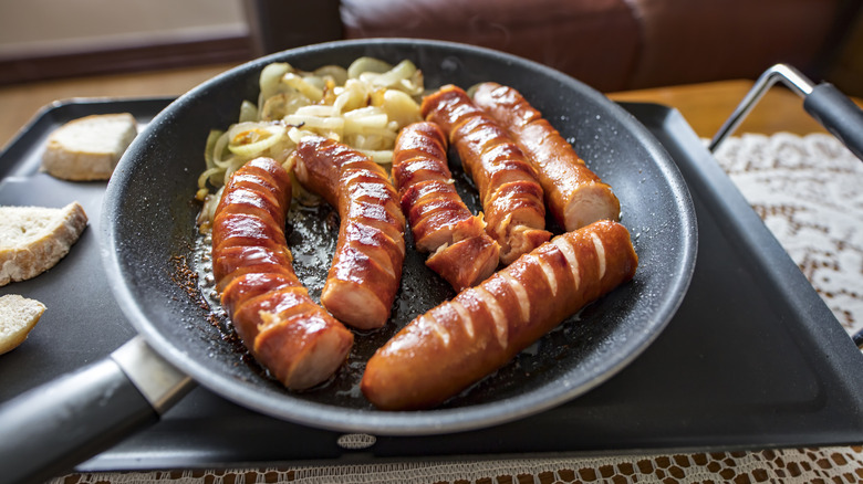 A pan of sliced kielbasa