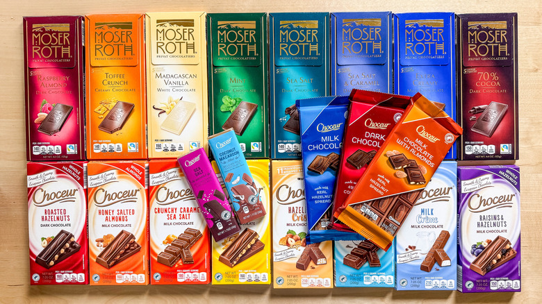 collection of aldi brand chocolate bars in packaging