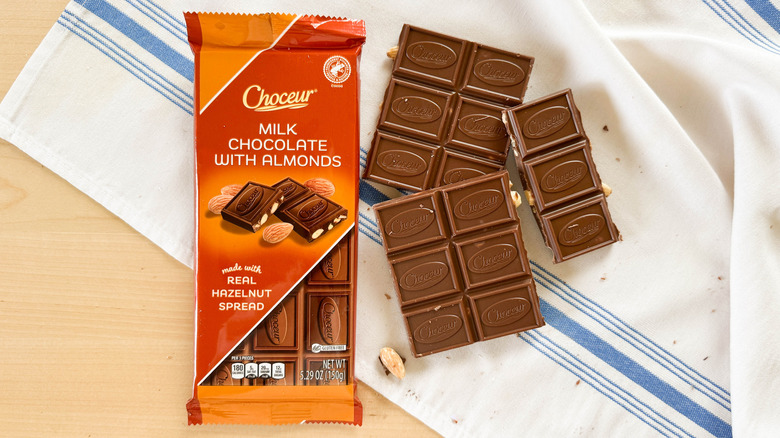 choceur Milk Chocolate with Almonds on table with wrapper