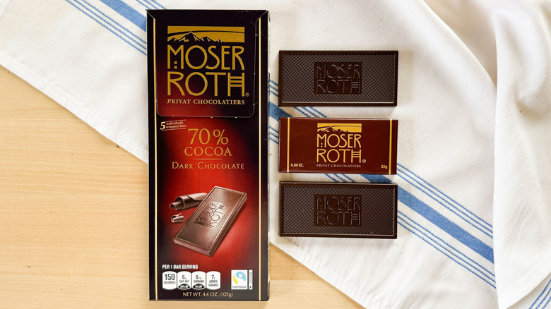 Moser Roth 70% Cocoa Dark Chocolate on table with white napkin