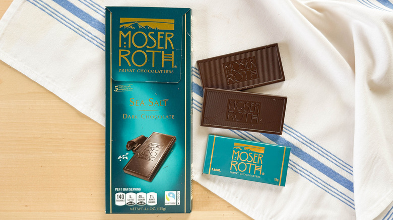 Moser Roth Sea Salt Dark Chocolate on white napkin