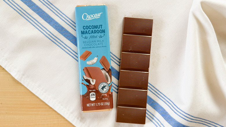 coconut Macaroon Filled Belgian Milk Chocolate bar from Aldi on table