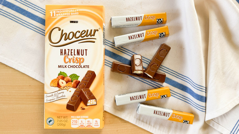 Choceur Hazelnut Crisp Milk Chocolate bars on table