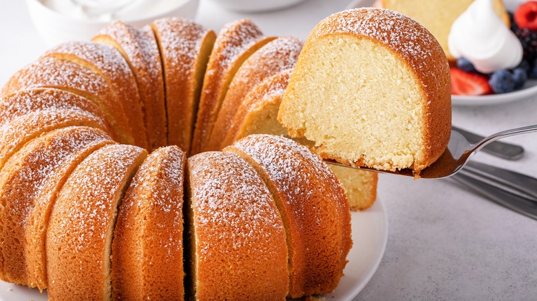 A sliced pound cake 