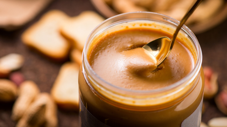 image of spoon dipping into natural peanut butter