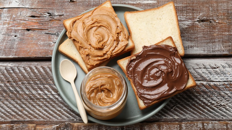 open faced peanut butter and nutella sandwich