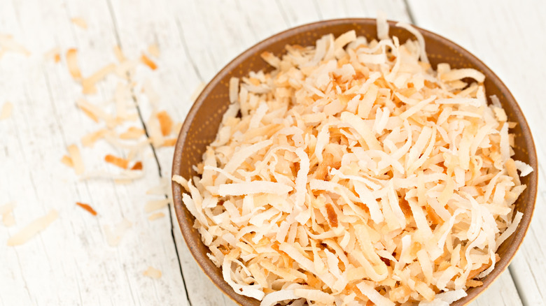 bowl of toasted shredded coconut