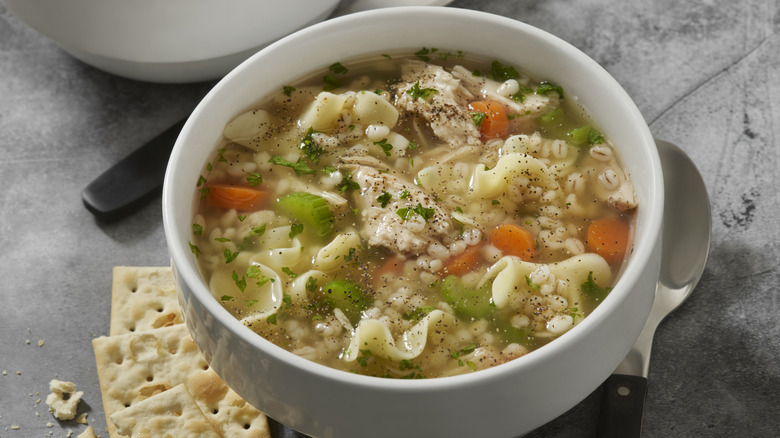 A bowl of chicken noodle soup