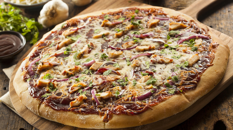 A large barbecue chicken pizza