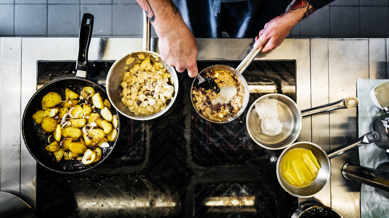 Several pots on a stove