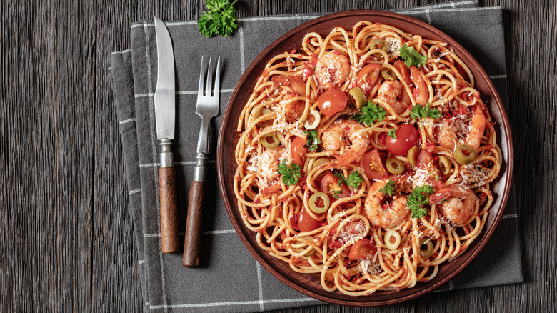 shrimp fra diavolo on table