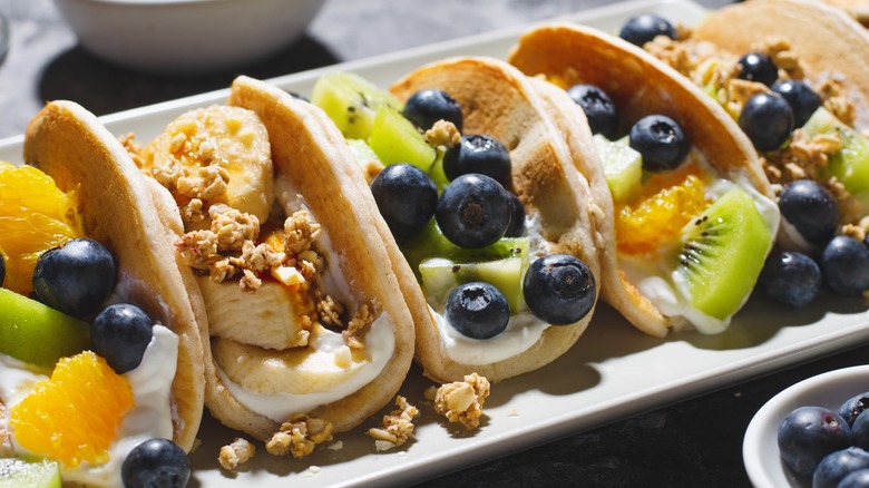 Pancake tacos with fruit and yogurt