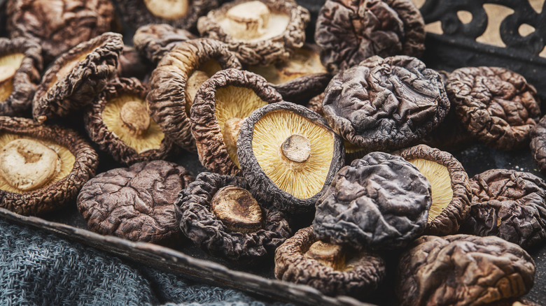 A tray of dried mushrooms