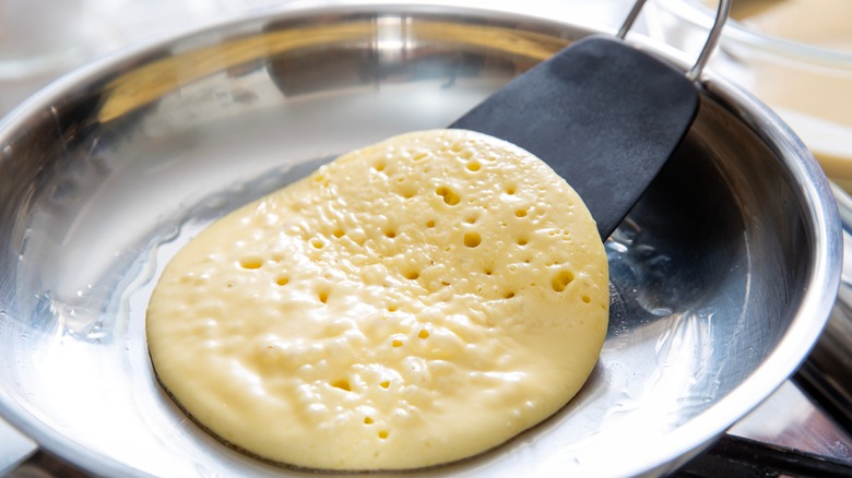 pancake on stainless skillet