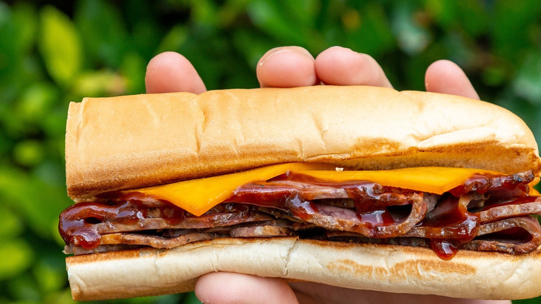 hand holding brisket sandwich