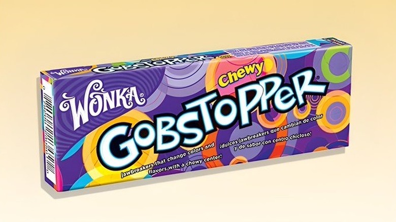 A box of Wonka Chewy Gobstopper candies on a yellow background