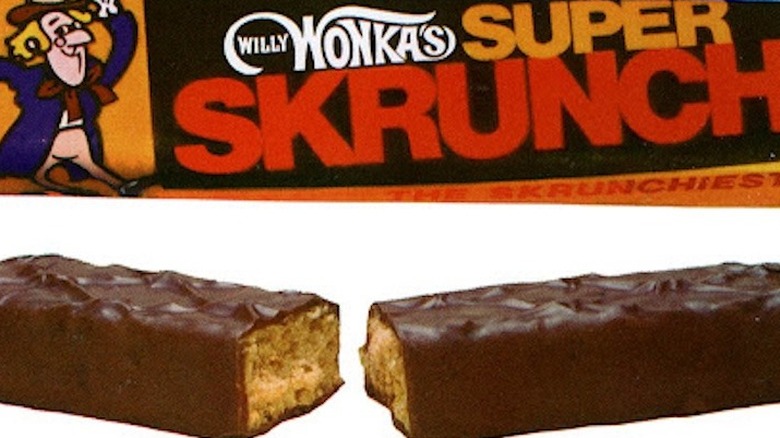 a Wonka Super Skrunch chocolate bar and its packaging on a white background