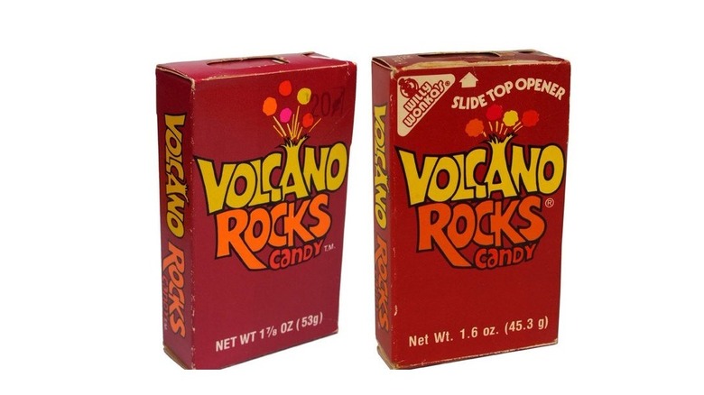 Two vintage boxes of Wonka Volcano Rocks candy on a white background