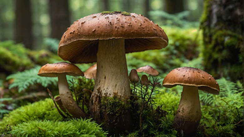 Boletus mushrooms growing in green, moss-covered forest