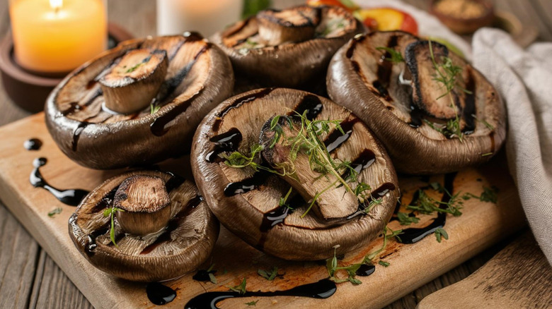 Grilled portobello mushrooms, with a drizzle of balsamic vinegar and herbs, on a wooden board