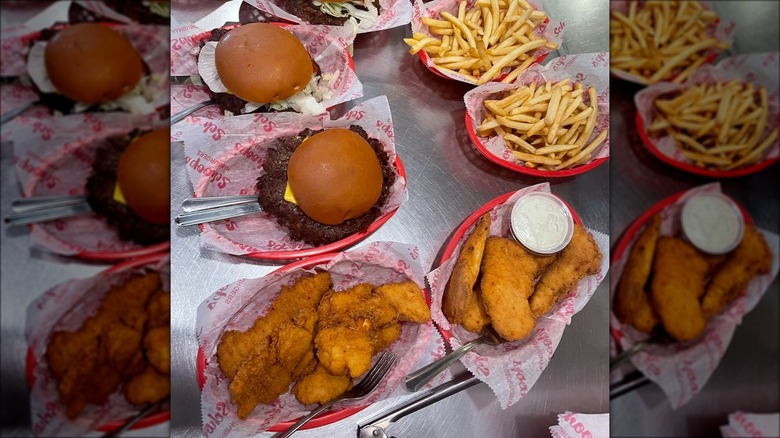 Burgers, fries, and chicken from Schoops