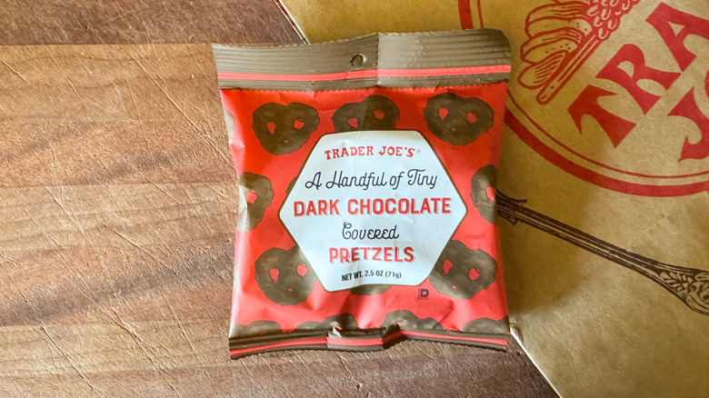 Trader Joe's dark chocolate pretzels in bag