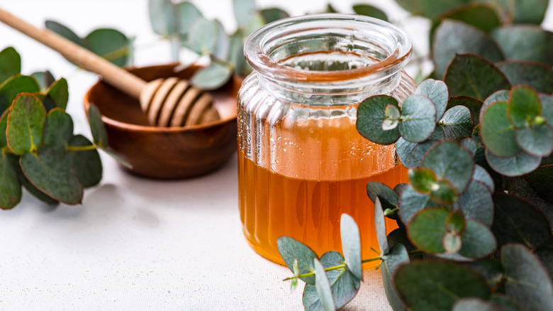 a glass jar of honey surrounded by eucalyptus leaves with a honey dipper in a bowl in the background